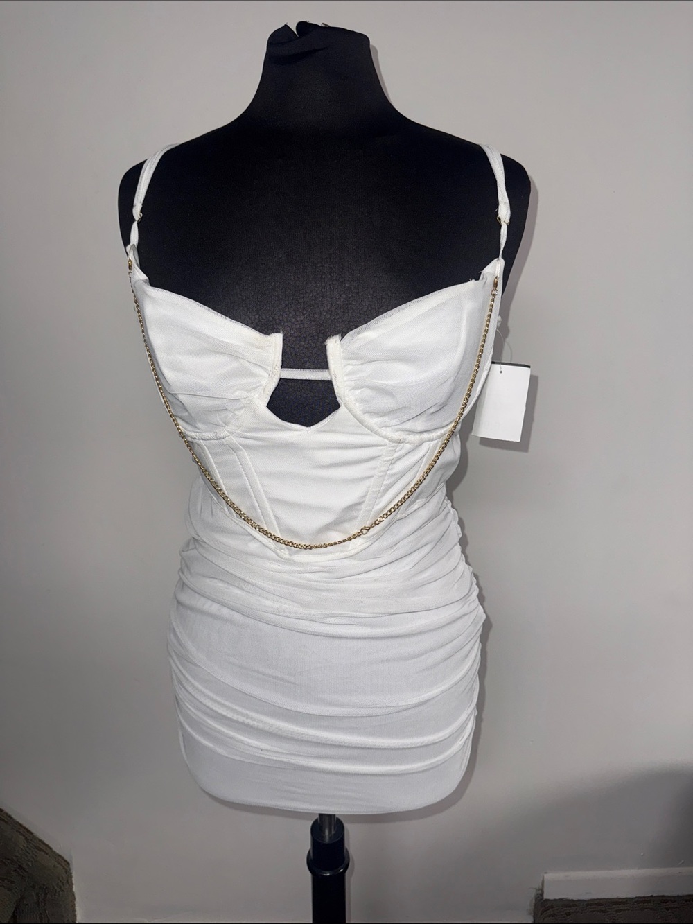 Size 12 White Ruched Bodycon Mini Dress with Gold Chain Detail